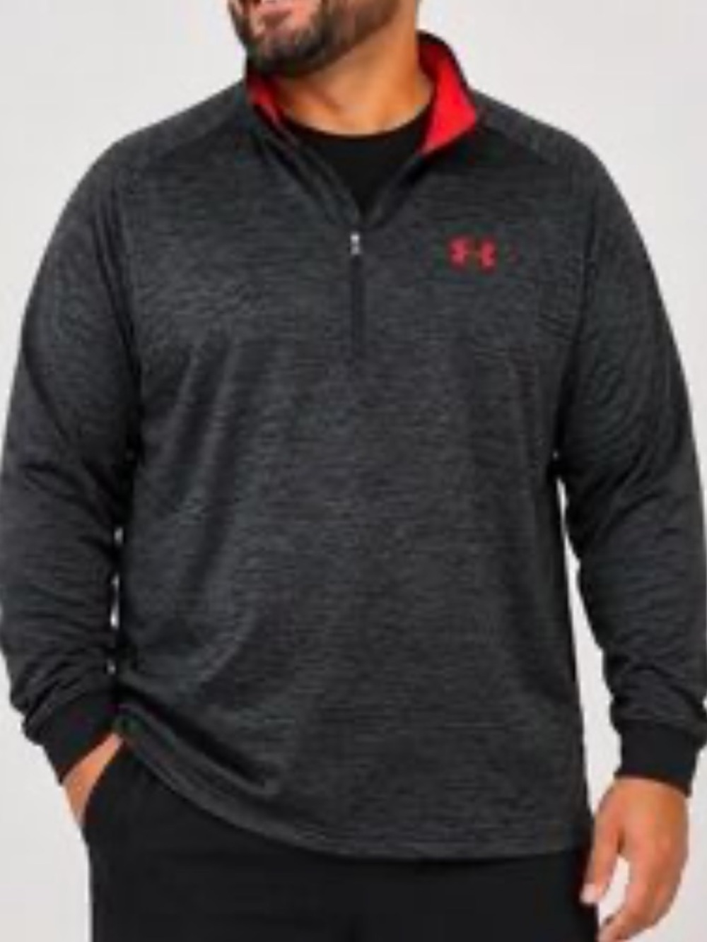Under Armour Men’s Charcoal Heather 1/4 Zip Pullover with florescent pink Logo